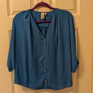 Women's Royal Blue Blouse Gold Pearl Buttons 3/4 Sleeves Large